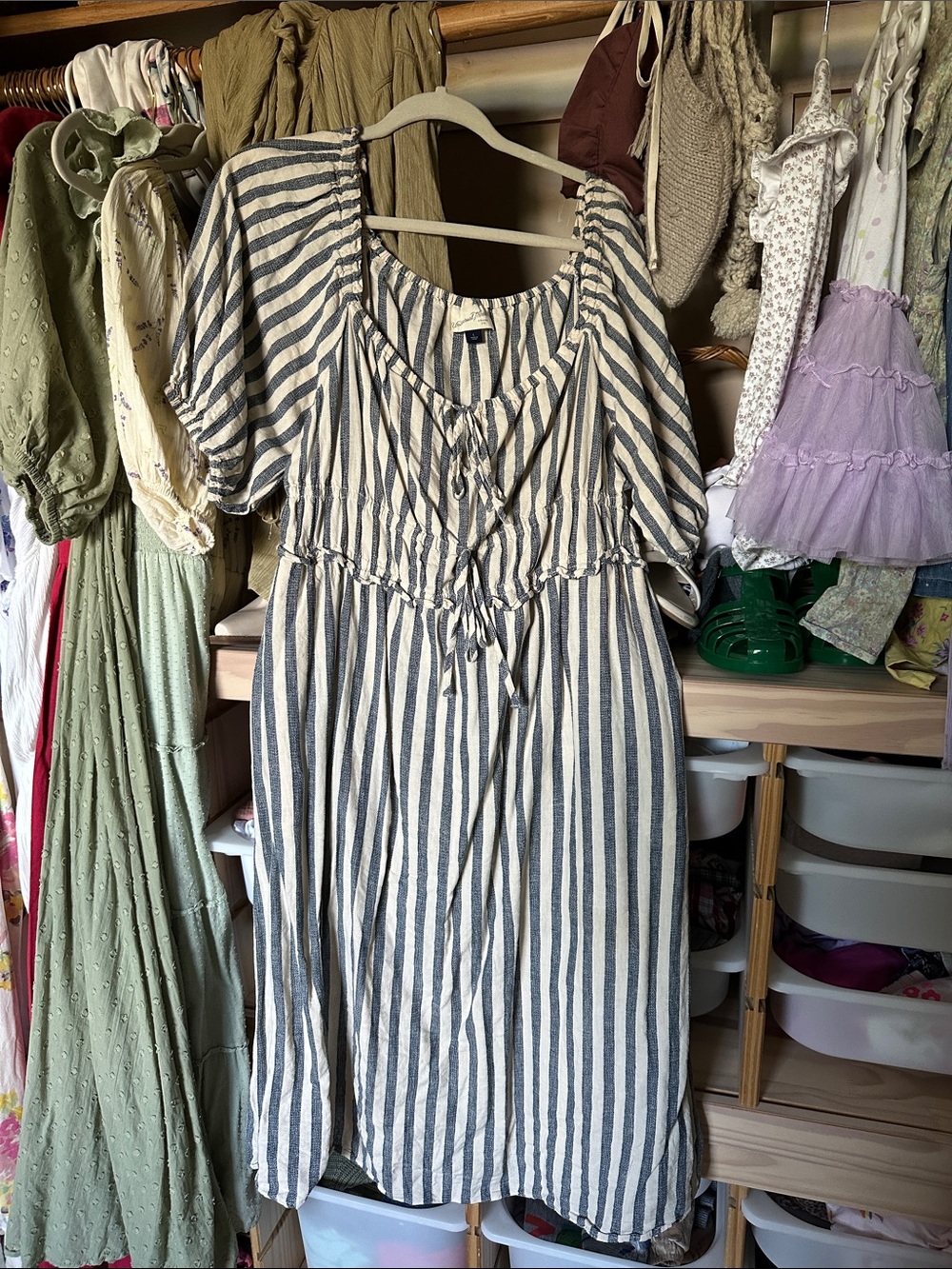 Universal Thread Blue and White Striped Tie-Waist Midi Dress